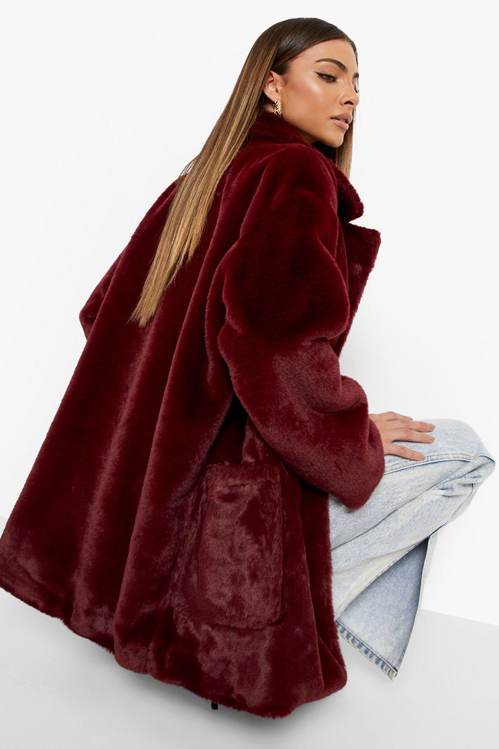 Dark red faux sales fur coat